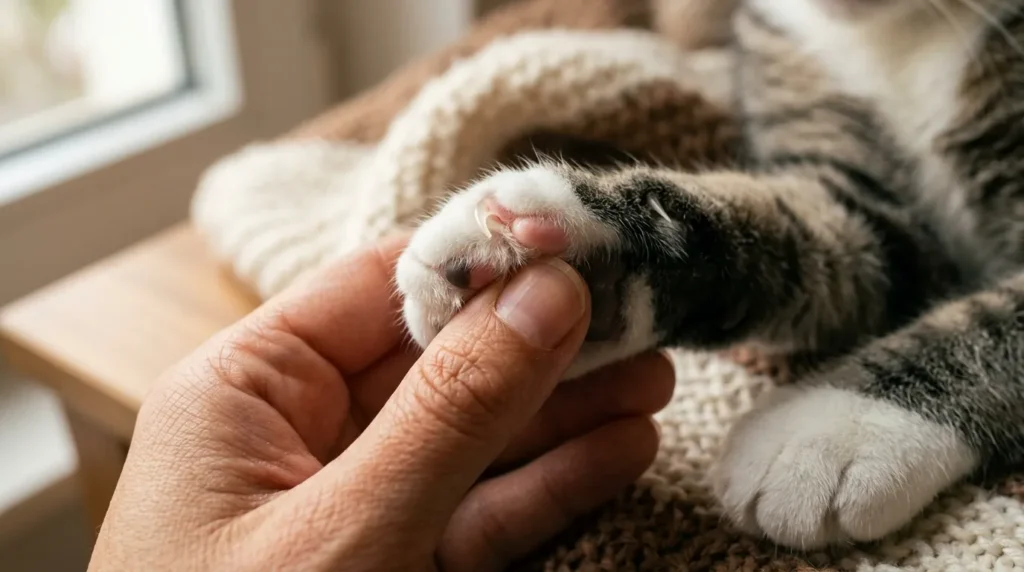 how to trim cat nails at home step by step — owner pressing paw pad to extend claw showing pink quick