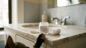 styptic powder for cat nail quick — jar of powder and cotton ball ready for use on apartment counter