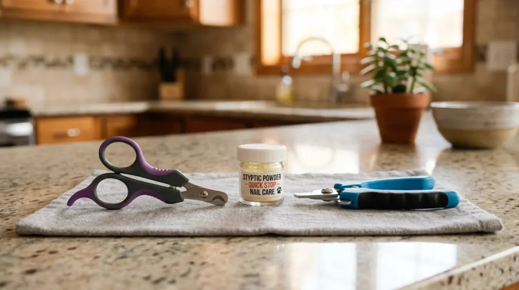 cat nail trimming tools — scissor and plier style clippers with styptic powder on apartment countertop