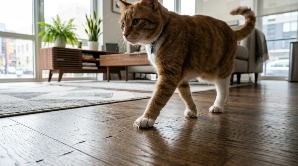 why indoor cats need nail trimming — cat with long curved nails walking on hardwood apartment floor