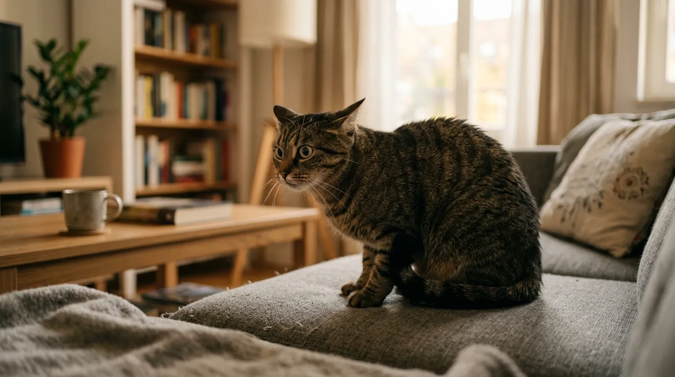 indoor cat aggression causes solutions — cat in tense posture with ears back and tail low in apartment living room