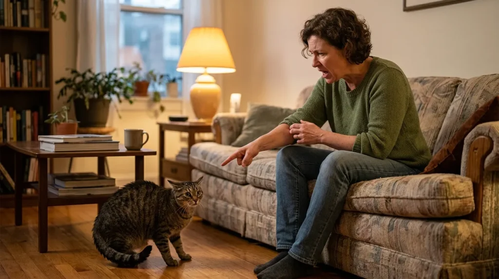 cat aggression mistake punishment — owner raising voice at cat after bite causing cat to escalate defensive posture in apartment 
