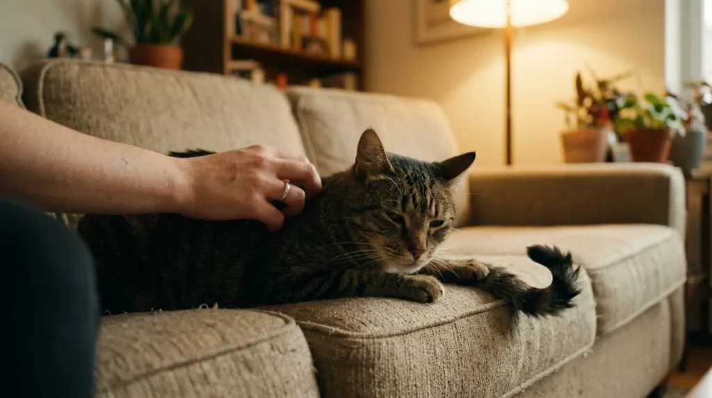 cat overstimulation aggression warning signals — cat showing tail twitch and ear rotation during petting on apartment couch