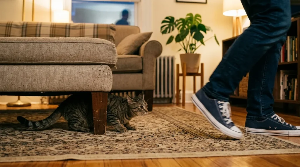 cat play aggression ankles — cat in predatory crouch behind sofa leg targeting moving human feet in apartment