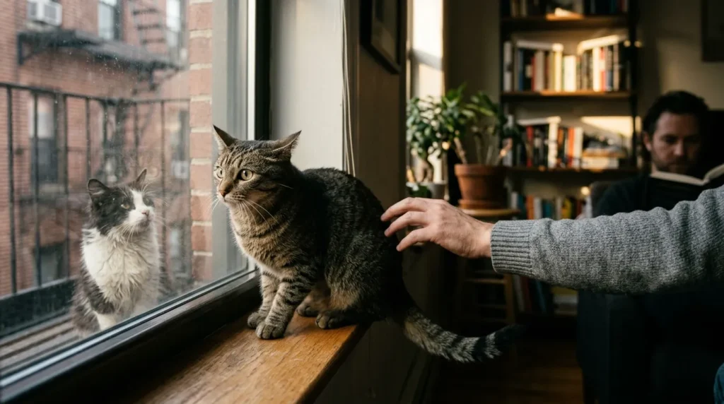 redirected aggression indoor cats — cat in high arousal state at apartment window with owner's hand approaching unaware