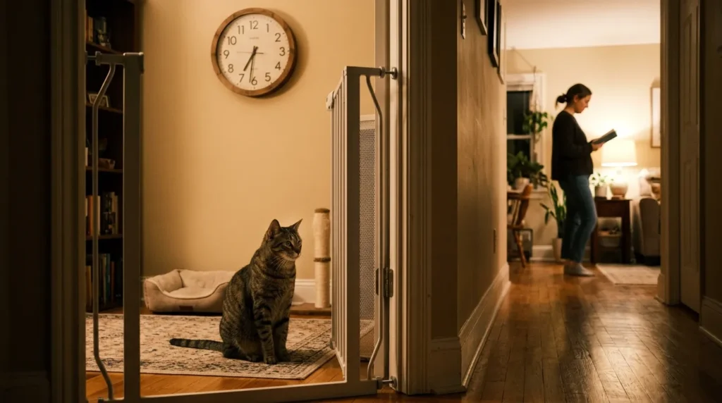 cat refractory period after aggression — cat in separate room behind baby gate hours after aggressive episode in apartment