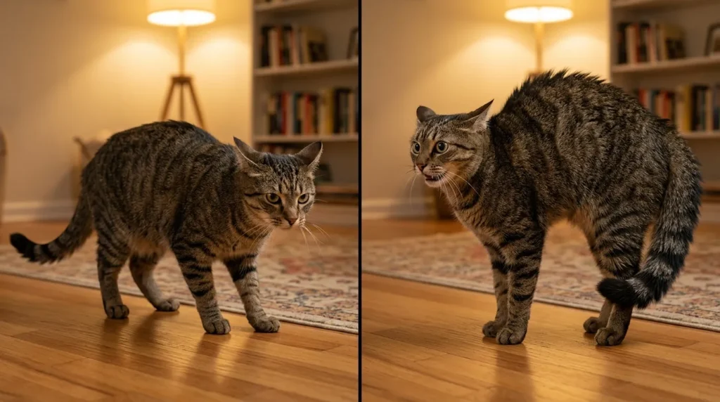 indoor cat aggression types — cat showing offensive forward posture beside defensive arched back posture in apartment