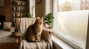 redirected aggression solution frosted window film — calm cat in apartment with frosted lower window blocking stray cat view