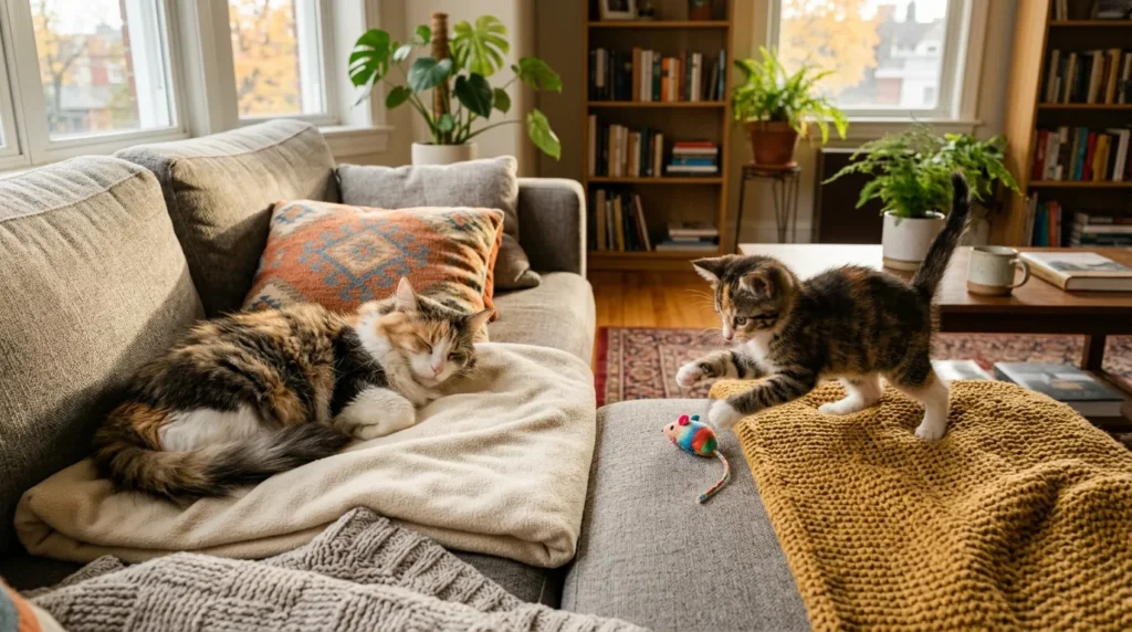 indoor cat attention by age — young kitten playing alongside a calm senior cat in an apartment living room