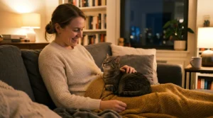 indoor cat people-oriented behavior — cat sitting close to owner on couch in a warm apartment evening