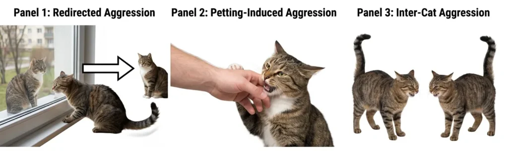 indoor cat aggression causes solutions — realistic infographic showing three types of aggression with triggers and solutions