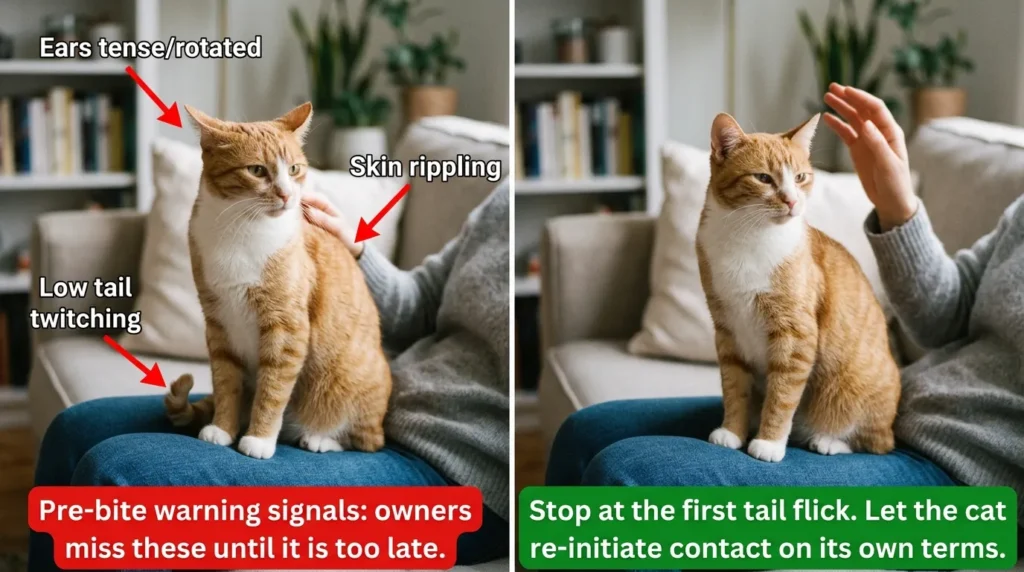 indoor cat aggression warning signs — cat showing pre-bite signals including flattened ears tail lashing and dilated pupils