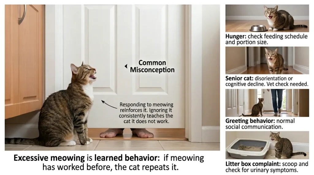 why does indoor cat meow so much and follow me everywhere — realistic infographic showing attention-seeking behavior causes and solutions