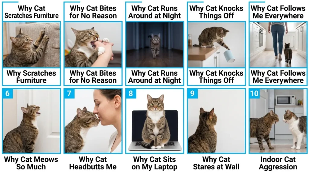  indoor cat behavior problems complete guide — realistic infographic showing 10 cluster topics in a grid for apartment cat owners
