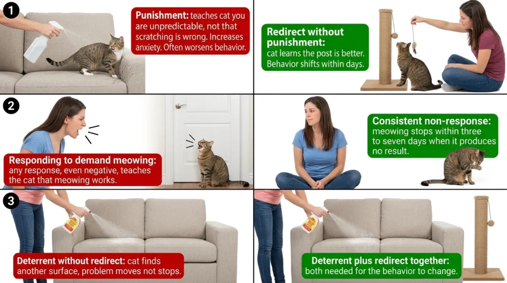  indoor cat behavior problems mistakes — realistic infographic showing 3 most common behavior intervention errors with correct approaches