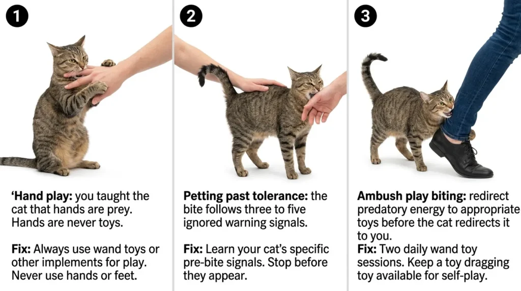 why does cat bite me for no reason — realistic infographic showing the real causes of unprovoked cat biting and solutions
