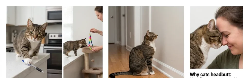 why does cat knock things off tables stare at wall headbutt — realistic infographic showing the real reasons behind three common indoor cat behaviors
