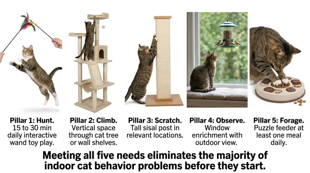 indoor cat behavior problems prevention enrichment — realistic infographic showing the five pillars of feline environmental enrichment