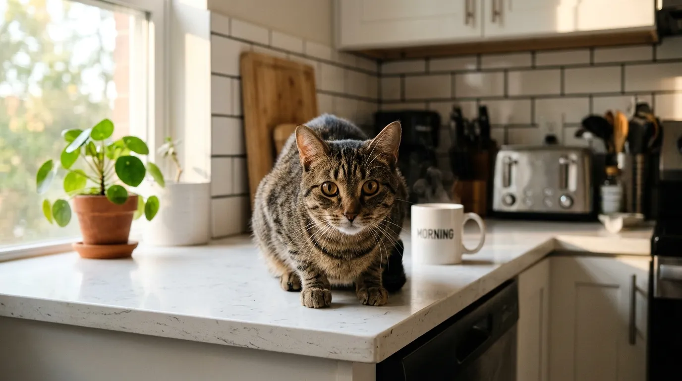 indoor cat behavior problems — a real tabby cat crouched on a kitchen counter staring intensely with wide eyes, kitchen objects around it, moody natural apartment lighting