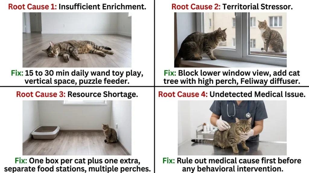 indoor cat behavior problems root causes — realistic infographic showing four main causes of indoor cat behavior issues with problem and solution