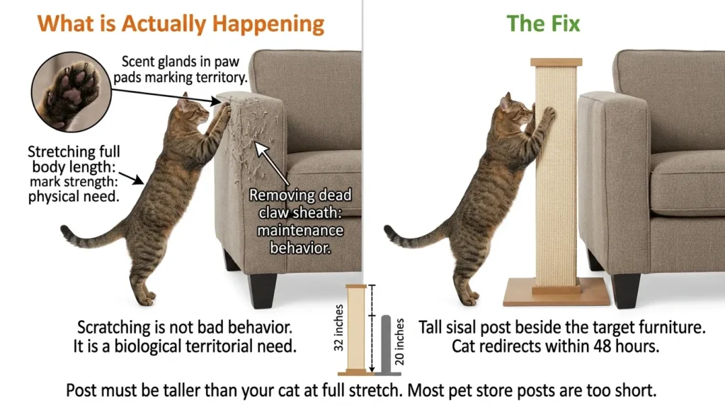 why does indoor cat scratch furniture — realistic infographic showing scratching as territorial behavior with redirect solution

