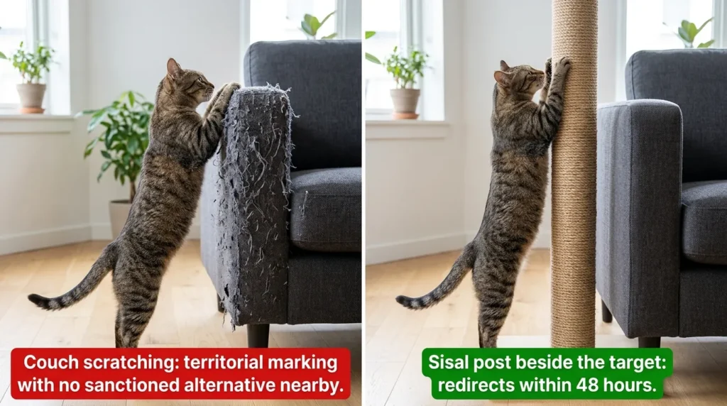  indoor cat scratching problem redirect — cat scratching couch versus cat using sisal post placed beside couch
