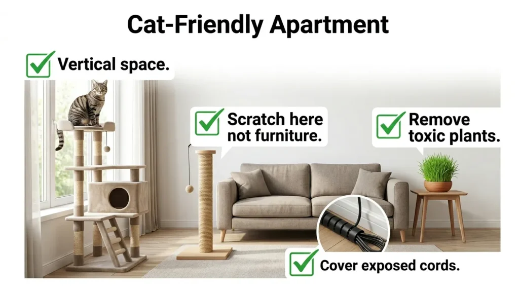 cat-friendly apartment setup — realistic infographic showing safe layout with cat tree scratching post and hazard removal