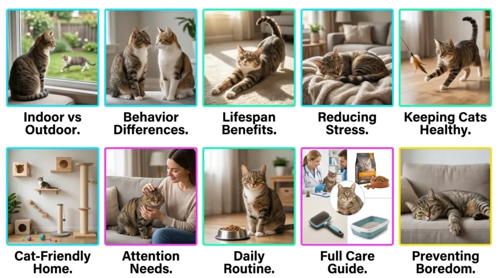 indoor cat care complete guide — realistic infographic showing 10 cluster topics for apartment cat owners