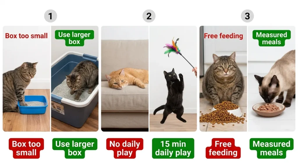 indoor cat care mistakes — realistic infographic showing 3 most common errors apartment cat owners make