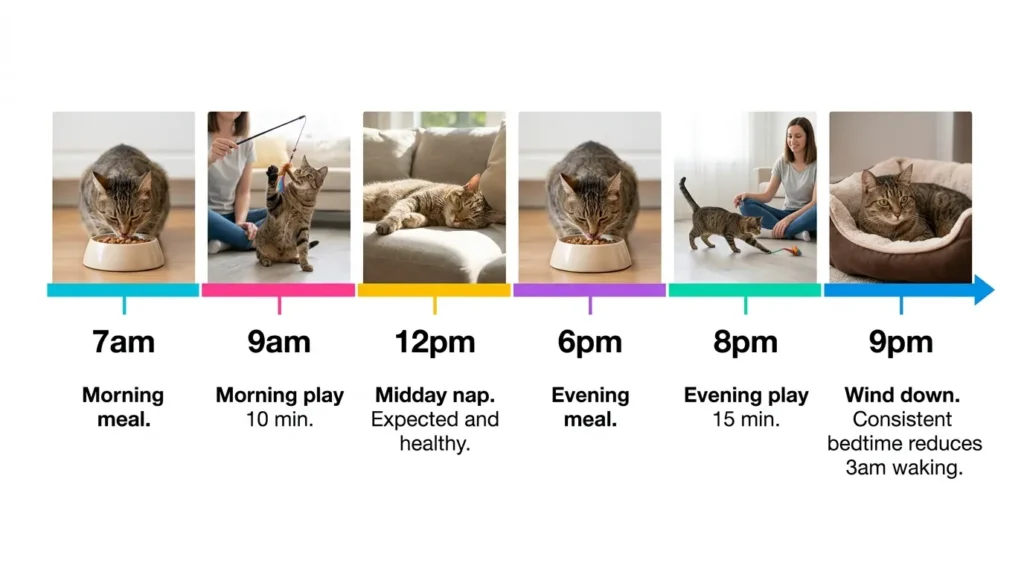 indoor cat daily routine — realistic infographic showing morning evening schedule for apartment cats