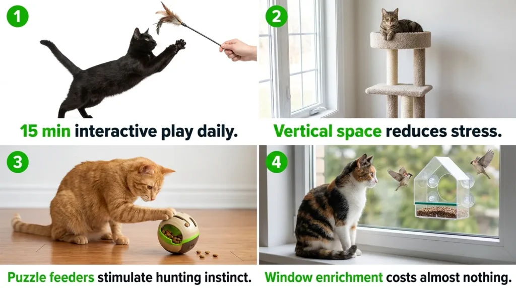 indoor cat enrichment activities — realistic infographic showing play schedule vertical space and puzzle feeders