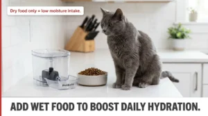 indoor cat feeding problem — cat ignoring dry food bowl while looking at empty water fountain nearby