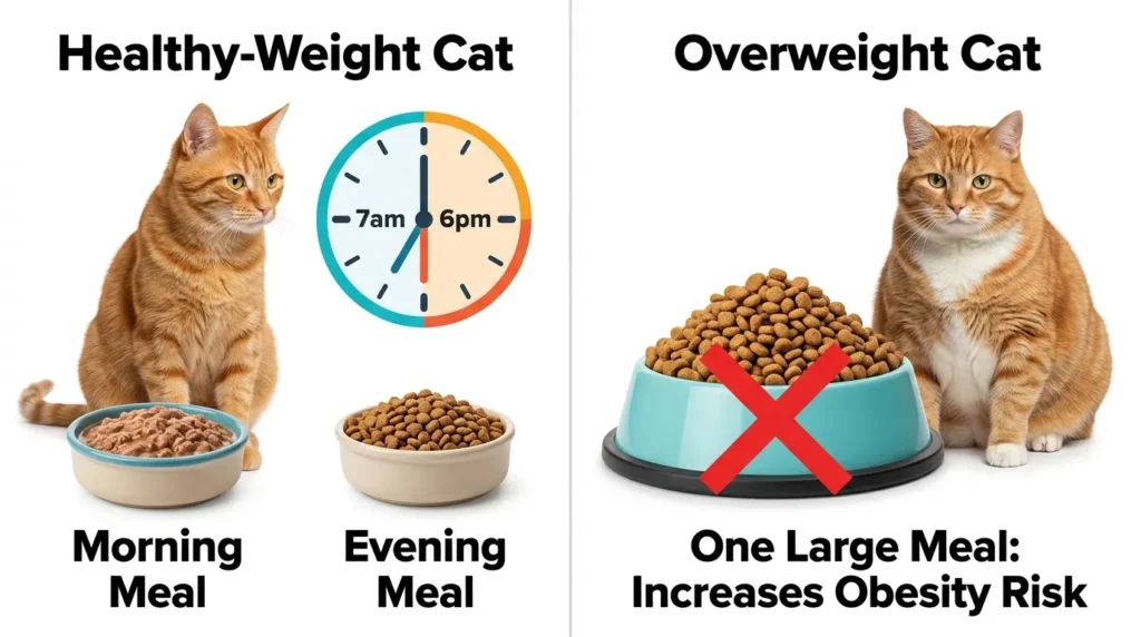 indoor cat feeding schedule — realistic infographic showing meal timing and portion sizes for apartment cats