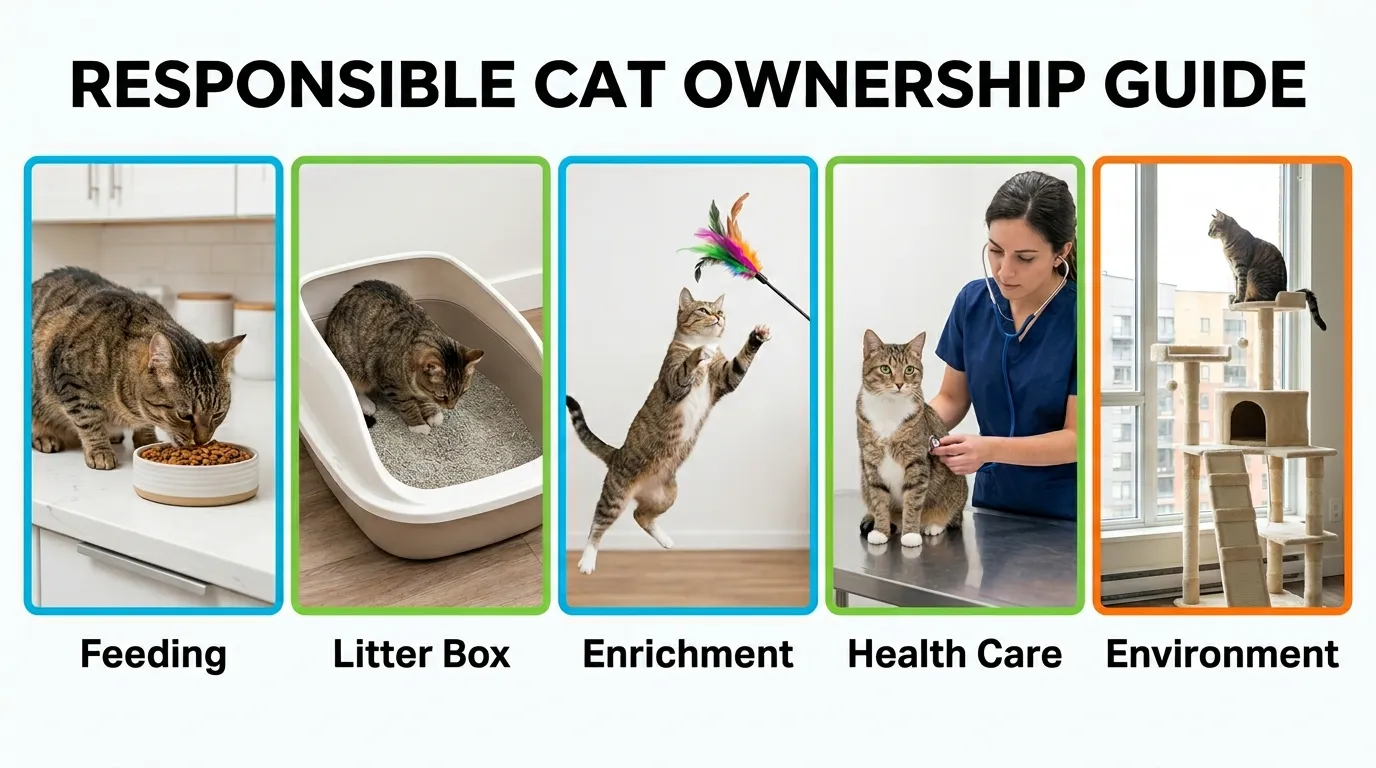 indoor cat care guide — complete infographic overview of 5 essential care topics for apartment cats