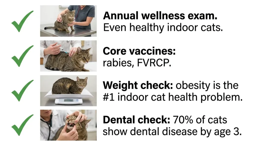 indoor cat health care checklist — realistic infographic showing annual vet visit vaccination and weight check