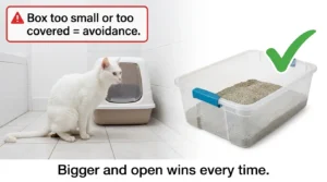 indoor cat litter box problem — cat squatting outside litter box on bathroom floor showing avoidance behavior