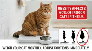 indoor cat weight problem — overweight cat sitting on scale showing obesity risk for apartment cats