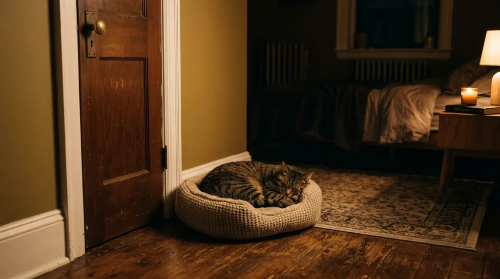 indoor cat bedtime routine — tabby cat curled up on a soft bed near a bedroom door in dim warm evening light
