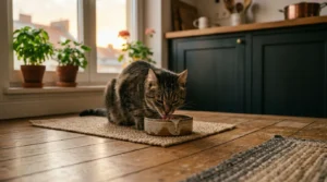  indoor cat evening routine — tabby cat eating dinner from a bowl after evening play session