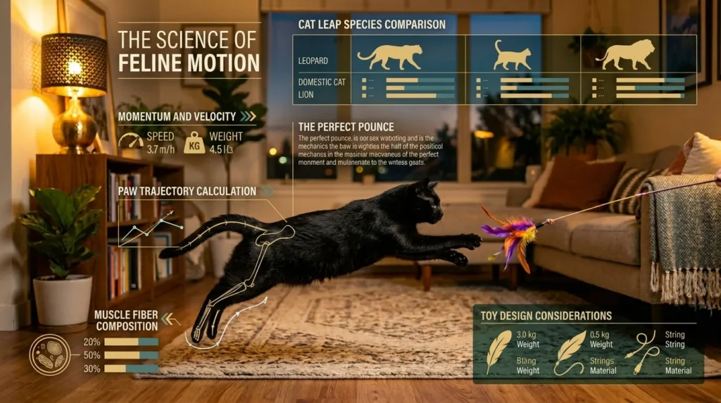  indoor cat evening play routine — black cat chasing a wand toy in a warmly lit apartment at dusk