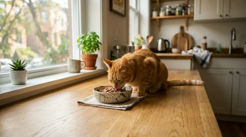 cat feeding schedule indoor cat daily routine — orange cat eating wet food from a ceramic bowl in a small apartment kitchen
