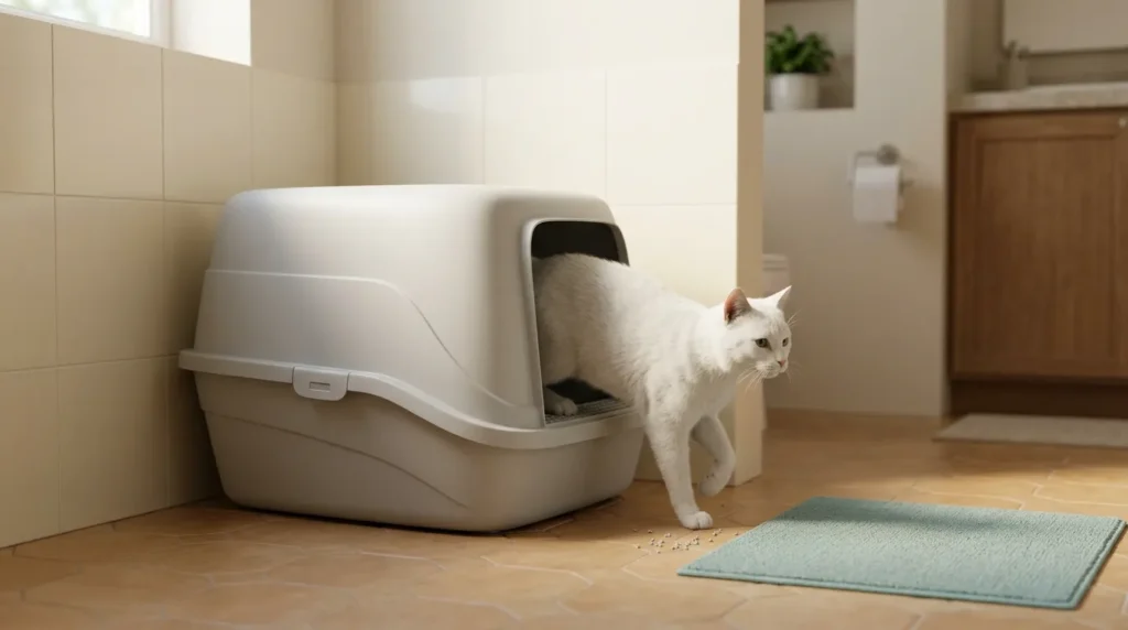  indoor cat litter box routine — white cat stepping out of a clean litter box in a quiet apartment bathroom