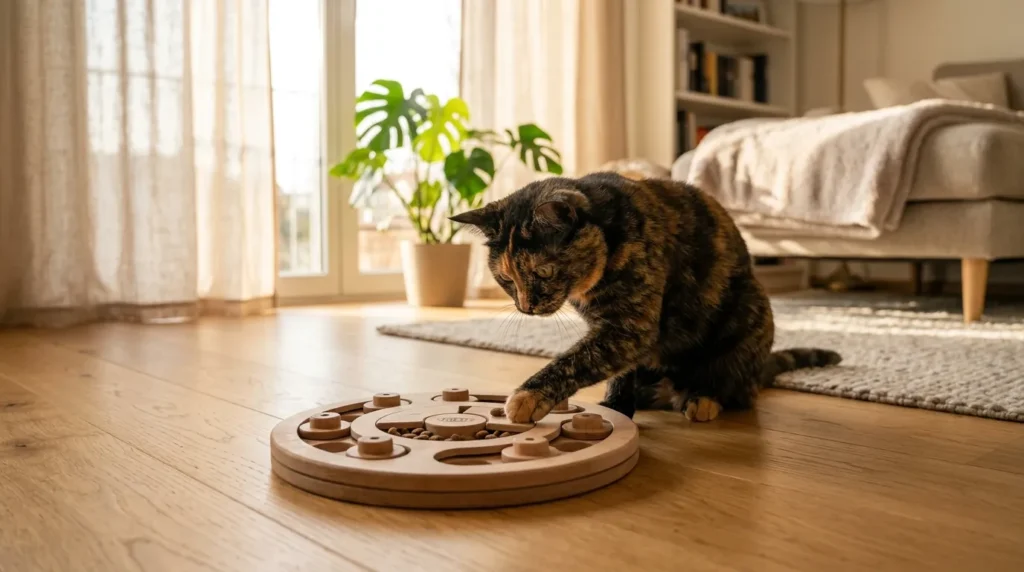 indoor cat midday enrichment — tortoiseshell cat pawing at a puzzle feeder on an apartment floor