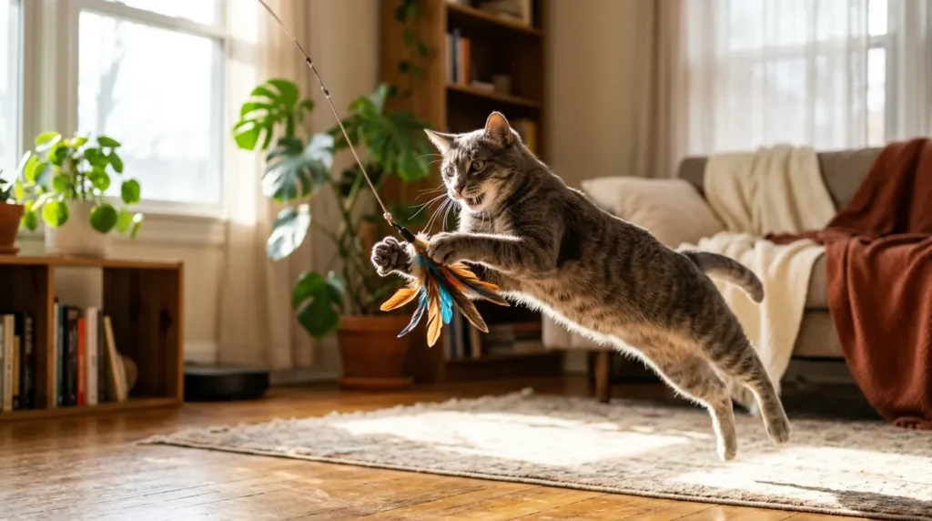  indoor cat daily routine morning play — gray cat leaping at a feather wand toy in a sunlit apartment living room