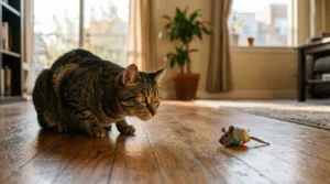  indoor cat morning play — tabby cat crouching and stalking a toy on an apartment floor