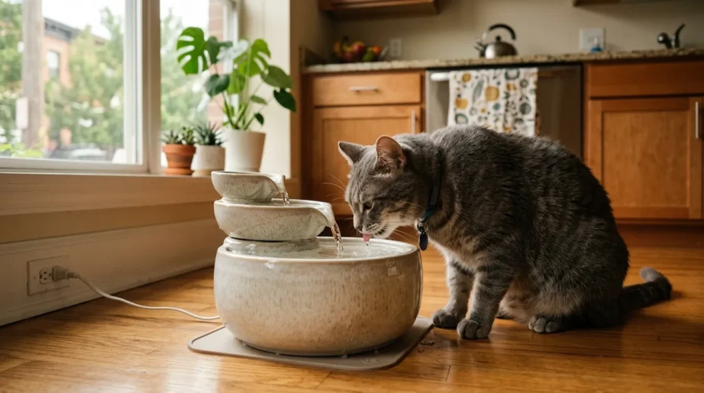  indoor cat water routine — gray cat drinking from a ceramic water fountain in a clean apartment kitchen