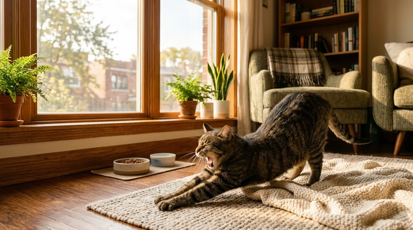 indoor cat daily routine — tabby cat stretching near a sunny apartment window in morning light