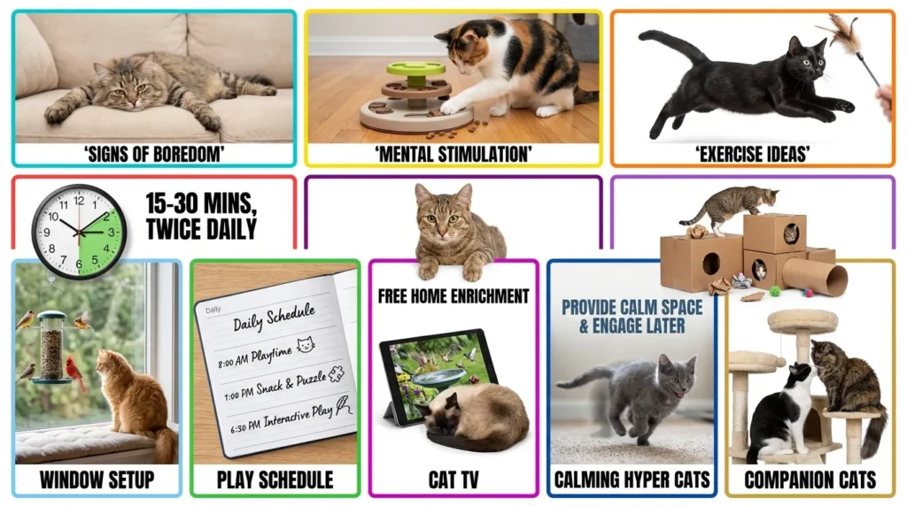 indoor cat enrichment ideas complete guide — realistic infographic showing 10 cluster topics for apartment cat enrichment
