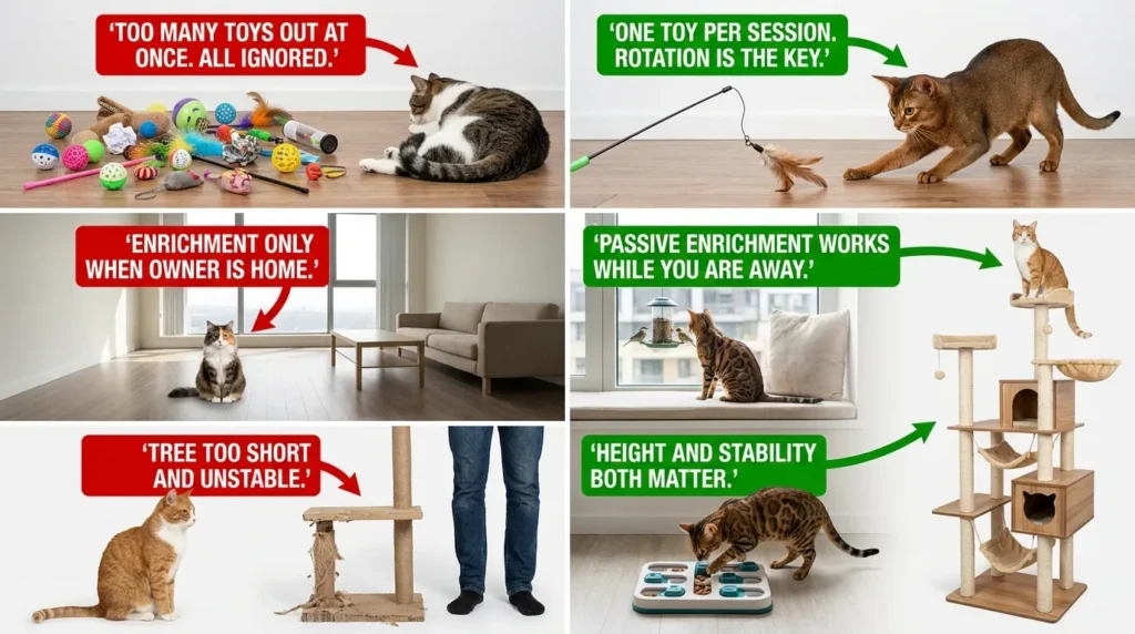 indoor cat enrichment mistakes — realistic infographic showing 3 common errors apartment cat owners make with enrichment
