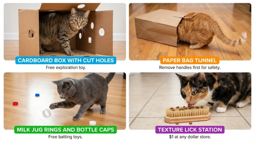 free DIY cat enrichment ideas — realistic infographic showing cardboard box maze paper bag tunnel and egg carton feeder
